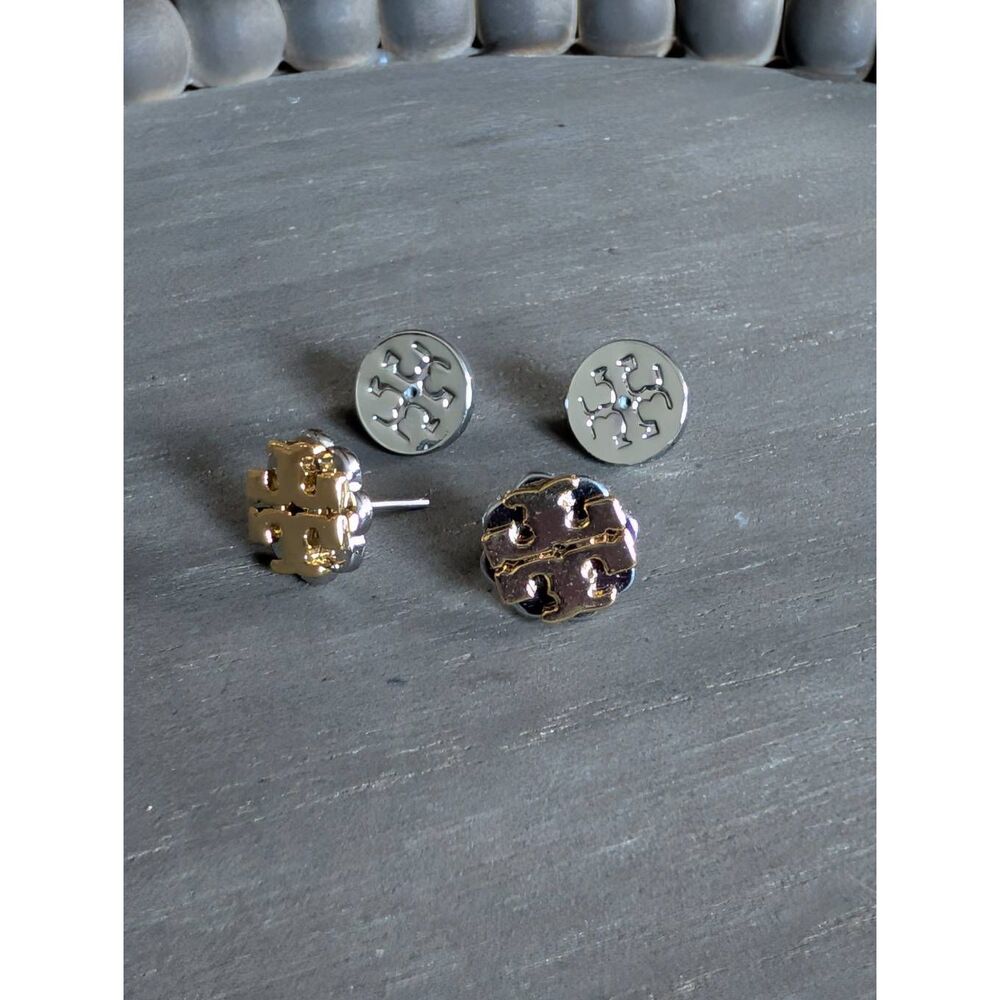 TORY BURCH Gold Silver Two Tone Double T Logo Flower Stud Earrings - Picture 2 of 3